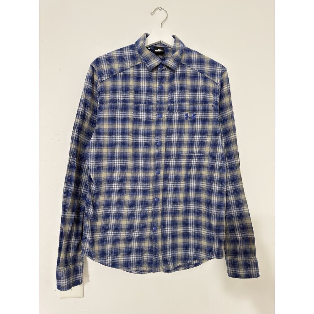Under Armour Women’s Flannel Snap Shirt Blue Plaid Outdoor Cabin Logo Size M